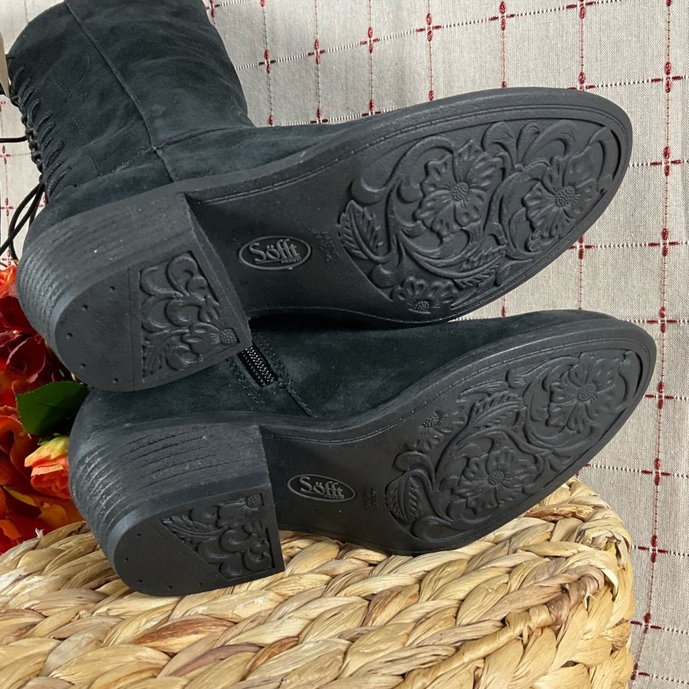 Aqua Sofft “Sharnell” Black Suede Knee High Boots Lace Up Back Water Resistant 6 - Picture 5 of 9